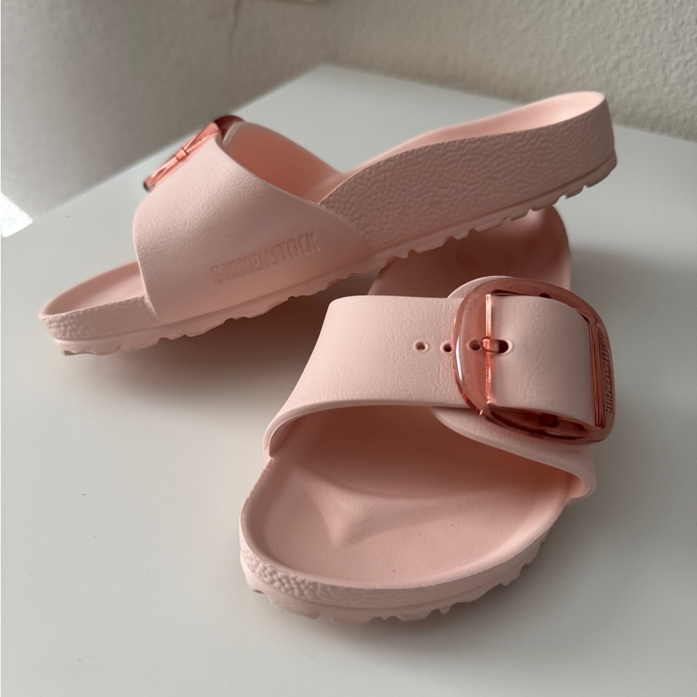 Birkenstock Light Pink Slides with Metallic Buckle